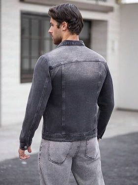 Manfinity Homme جاكيت جينز بطيات ياقة مغسول بأكمام طويلة وجيب للرجال للخريف