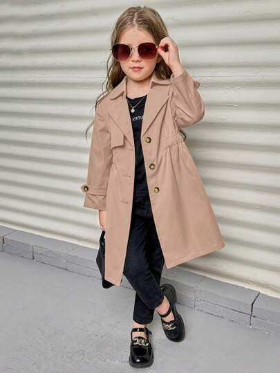 SHEIN معطف طويل غير مبطن قصة فضفاضة ، بياقة انقلابية ، وخصر ممشوق ، لون واحد أنيق للفتيات الصغيرات