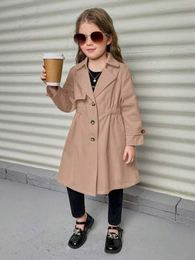 SHEIN معطف طويل غير مبطن قصة فضفاضة ، بياقة انقلابية ، وخصر ممشوق ، لون واحد أنيق للفتيات الصغيرات