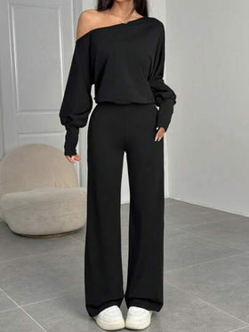 SHEIN EZwear سروال قصير أنيق بأكمام طويلة بقصة رقبة غير متماثلة وبلون سادة للنساء