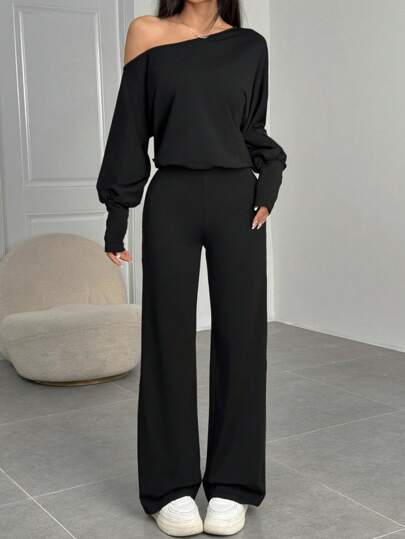 SHEIN EZwear سروال قصير أنيق بأكمام طويلة بقصة رقبة غير متماثلة وبلون سادة للنساء