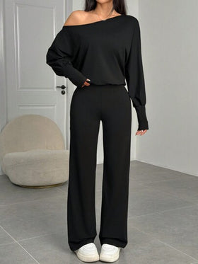 SHEIN EZwear سروال قصير أنيق بأكمام طويلة بقصة رقبة غير متماثلة وبلون سادة للنساء