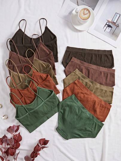 Shein Underwear&Sleepwear Basics 10 قطعة مجموعة ملابس داخلية نسائية راحة أساسية بلون نسيج قطني مضلع
