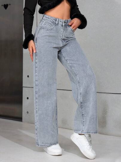 SHEIN PETITE بنطلون جينز مستقيم الساق جيب بسيط للاستخدام اليومي