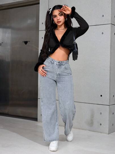 SHEIN PETITE بنطلون جينز مستقيم الساق جيب بسيط للاستخدام اليومي