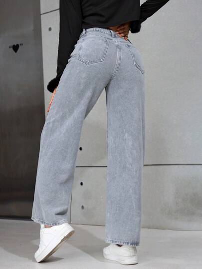 SHEIN PETITE بنطلون جينز مستقيم الساق جيب بسيط للاستخدام اليومي