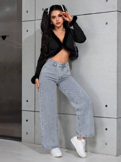 SHEIN PETITE بنطلون جينز مستقيم الساق جيب بسيط للاستخدام اليومي