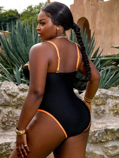 SHEIN Slayr CURVE بدلة سباحة قطعة واحدة للمرأة ذات حجم كبير ، بلون أحادي ، بطراز منتجع كاجوال مع دعامة سلكية ، خصر عالي ، حمالات كاربابيه ، تصميم بسيط وأنيق للتخسيس للصيف