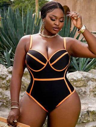 SHEIN Slayr CURVE بدلة سباحة قطعة واحدة للمرأة ذات حجم كبير ، بلون أحادي ، بطراز منتجع كاجوال مع دعامة سلكية ، خصر عالي ، حمالات كاربابيه ، تصميم بسيط وأنيق للتخسيس للصيف