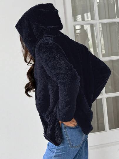 EZwear هودي كاجوال قابل للعكس من الفليس بلون أزرق داكن للخريف والشتاء