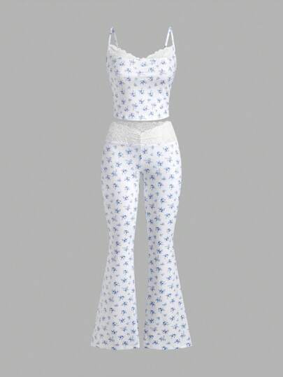 طقم حريمي قطعتين EZwear طقم بلوزة كامسول وبنطلون طويل مزين بالدانتيل برسومات الفهد، 2 قطعة، للنساء، لعيد الحب