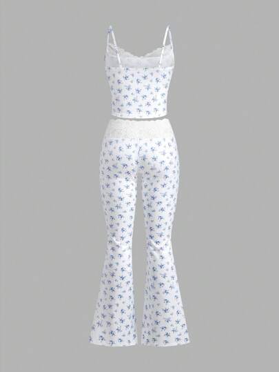 طقم حريمي قطعتين EZwear طقم بلوزة كامسول وبنطلون طويل مزين بالدانتيل برسومات الفهد، 2 قطعة، للنساء، لعيد الحب