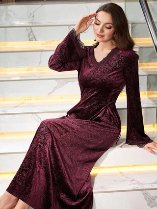 Modelyn فستان نسائي من المخمل البرغندي مطبوع بخطوط الورد، أنيق خصر عالي بتصميم ربطة الجانب، ملابس نسائية ماكسي طويلة أنيقة لمناسبات المساء