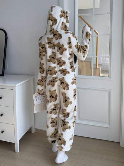 EZwear جمبسوت طويلة الأكمام نسائية قطيفية مع سحاب عنق مطبوع عليها رسوم الدببة الكرتونية، للشتاء