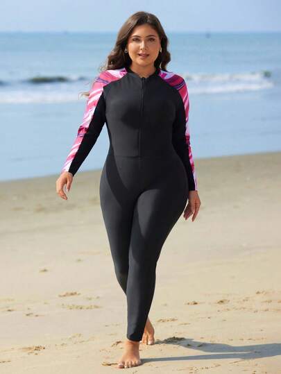 Swim Shayni طقم ملابس سباحة قطعة واحدة مطبوعة مفتوحة من الأمام مع غطاء وتنورة، مناسبة للمقاسات الكبيرة، للصيف والشاطئ