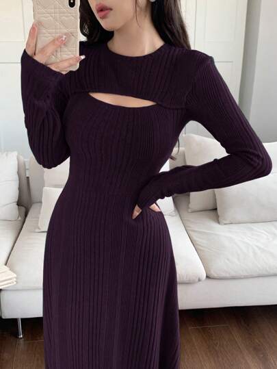 فساتين حريمي Modelyn ثوب أنيق أنثوي طويل كم طويل رقبة دائرية لون أحادي مزين بتفاصيل محفورة وضلوع، فستان سهرة طويل