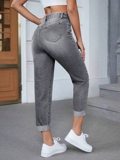 EMERY ROSE بناطيل جينز قطنية متعددة الاستخدامات ذات نهاية مطوية للنساء