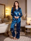 LuxeNights بيجامة طقم طويلة الأكمام ذات طوق على شكل شال مزخرفة بالزهور للنساء