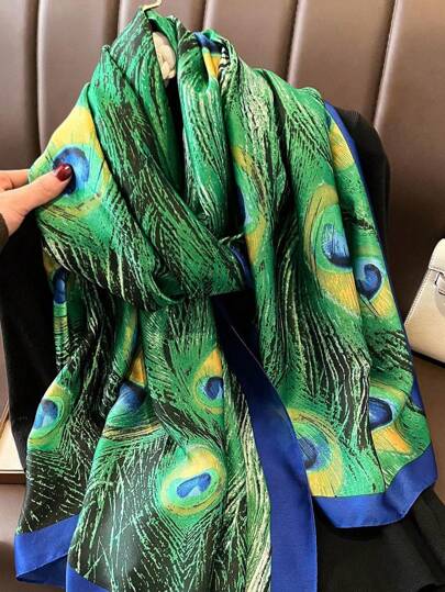 طقم تانكيني حريمي FADZOYLE قطعة واحدة شال أنيق للنساء 180*90 سم بطبعة الريش الأخضر الأنيقة لمشعة الطاووس، وشاح رقيق للشمس والسفر