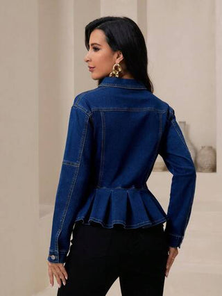 Essnce جاكيت جينز كاجوال بأكمام طويلة وجيب وأزرار أمامية حداثية للنساء