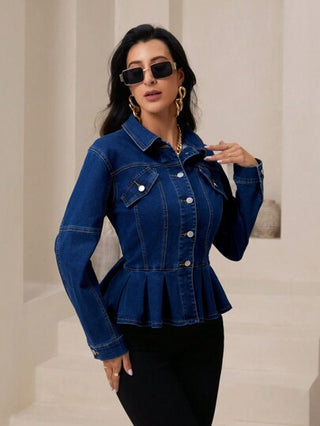 Essnce جاكيت جينز كاجوال بأكمام طويلة وجيب وأزرار أمامية حداثية للنساء