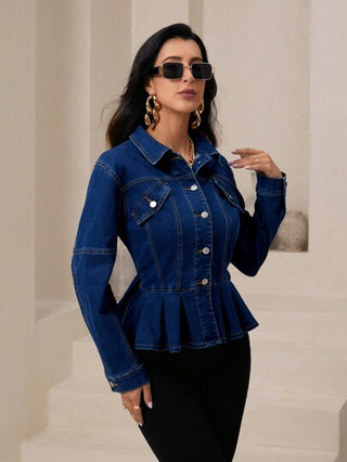 Essnce جاكيت جينز كاجوال بأكمام طويلة وجيب وأزرار أمامية حداثية للنساء