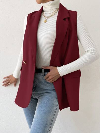 BizChic ملابس علوية كاجوال بياقة صغيرة وأزرار أمامية بدون أكمام، لون واحد بسيط