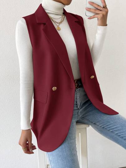 BizChic ملابس علوية كاجوال بياقة صغيرة وأزرار أمامية بدون أكمام، لون واحد بسيط
