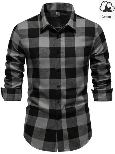 Manfinity Homme قميص كاجوال بأكمام طويلة، موضة بسيطة للارتداء اليومي، قميص كاسح باللونين الأسود والرمادي، قميص كاجوال للرجال بأكمام طويلة، قميص كاسح باللونين الرمادي والأسود، للخريف