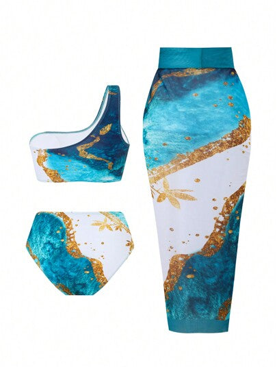 Swim Oasis ملابس سباحة للمرأة بحجم كبير بمجموعة 3 قطع ذات طبعة زهرية مع بدلة سباحة كتف واحد وغطاء من الساروج للصيف