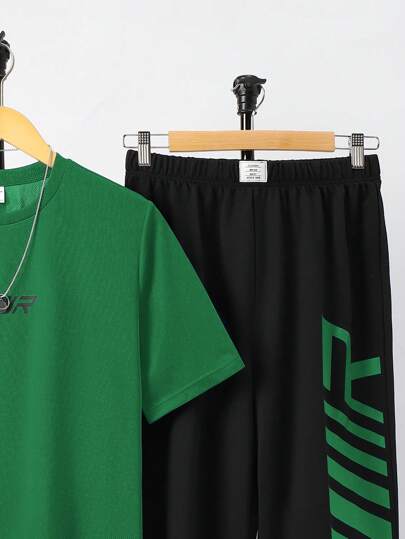 SHEIN طقم بلوزة رقبة طاقم مطبوع عليها حرف مناسبة للمراهقين، تنفس عالي مريح للصيف، للرياضة، للجري، للخروجات