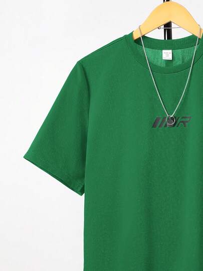 SHEIN طقم بلوزة رقبة طاقم مطبوع عليها حرف مناسبة للمراهقين، تنفس عالي مريح للصيف، للرياضة، للجري، للخروجات