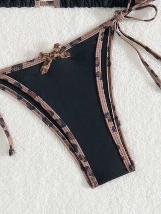 Swim Mod مجموعة بيكيني نسائية 2 قطعة، ملابس علوية مثلث بحمالات رفرفة ربطة عقدة، وأسفل بربط جانبي، مطبوع بنمط الفهد والأحادي اللون للاستخدام في عطلات الصيف والشاطئ