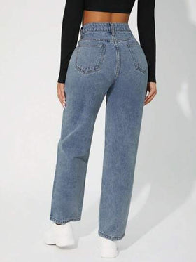 SHEIN PETITE بنطلون جينز طويل سيدات بتصميم بسيط مزود بجيب أمامي عصري للارتداء اليومي