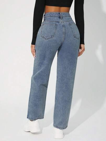 SHEIN PETITE بنطلون جينز طويل سيدات بتصميم بسيط مزود بجيب أمامي عصري للارتداء اليومي