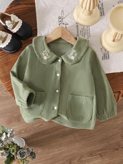 SHEIN Vintaside Kids جاكيت بيبي بناتي من القطيفة منسوج ذو لون أحادي للربيع/الخريف/الشتاء