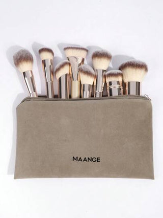 MAANGE 10 قطعة من طقم فرش المكياج المحترفة من أنبوب ألومنيوم ناعم وطويل مع حقيبة مخملية مزودة بزيبر، تشمل فرشاة للبودرة والأساس والخدود والكونسيلر والتحديد والظل والرموش والتظليل والتبريز، مناسبة للبودرة والسوائل وسهلة الحمل، هدية مثالية للنساء والفتيات