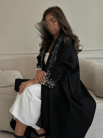 عباءة طويلة عصرية للسيدات مزينة بالكريستال، لون أسود مبهر، ثوب محتشم
