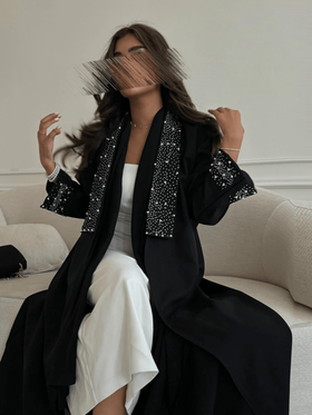 عباءة طويلة عصرية للسيدات مزينة بالكريستال، لون أسود مبهر، ثوب محتشم
