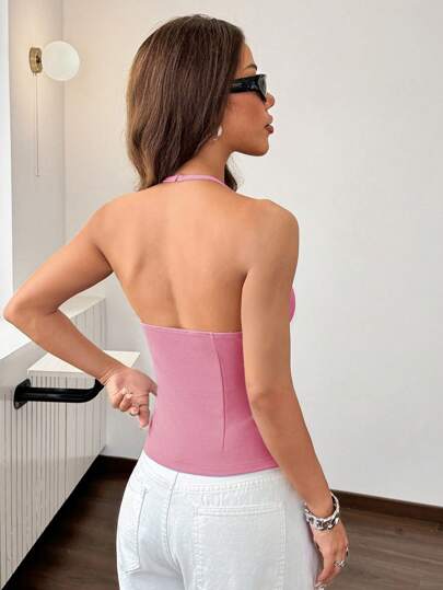 EZwear ملابس علوية كاجوال بلا أكمام، متناسق، مصنوع من الجينز الأملس للنساء باللون الوردي