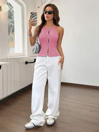 EZwear ملابس علوية كاجوال بلا أكمام، متناسق، مصنوع من الجينز الأملس للنساء باللون الوردي