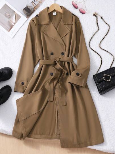 SHEIN معطف خندق أنيق وكاجوال متوسط الطول مع طوق للمراهقات، بلون الخردل