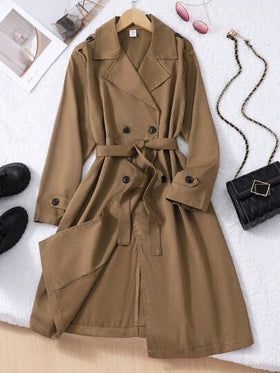 SHEIN معطف خندق أنيق وكاجوال متوسط الطول مع طوق للمراهقات، بلون الخردل
