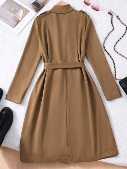 SHEIN معطف خندق أنيق وكاجوال متوسط الطول مع طوق للمراهقات، بلون الخردل