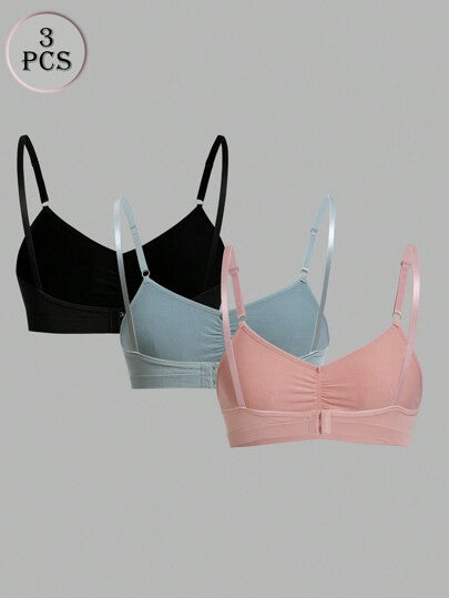 Shein Underwear&Sleepwear Basics طقم حمالات صدر صلبة اللون المتجعد 3قطعات/طقم بدون سلك