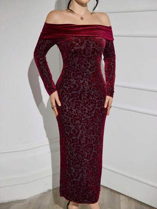 Modelyn فستان أنيق أرجواني أحمر، طباعة زهرية، قطعة واحدة، أكمام طويلة، ضيق، ماكسي، ملابس نسائية، فساتين مسائية طويلة