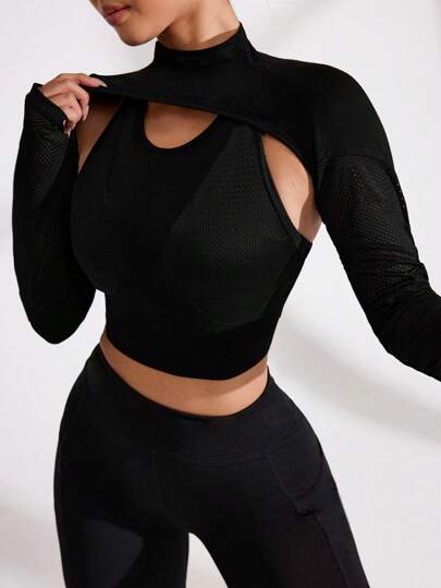 SHEIN Sport Studio تي شيرت رياضي للنساء ذو طوق عمودي وأكمام طويلة لون أحادي بتصميم بسيط، مناسب للارتداء اليومي العادي