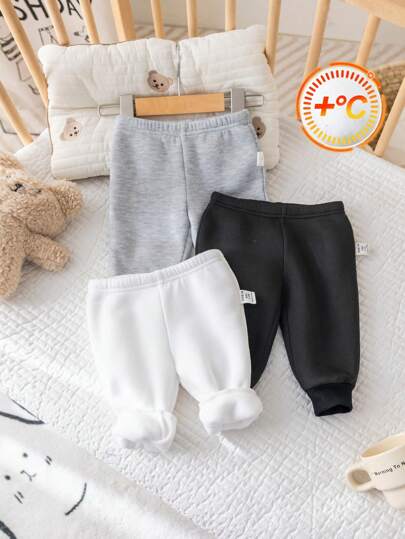SHEIN طقم بنطلونات من الفليس للأطفال الرضع الصبيان/البنات 3 قطع، أسود/أبيض/رمادي، ناعم، مريح، دافئ، متناسق مع كل شيء، متعدد الاستخدامات، مناسب للمنزل، الخارج، الرياضة، الخريف/الشتاء