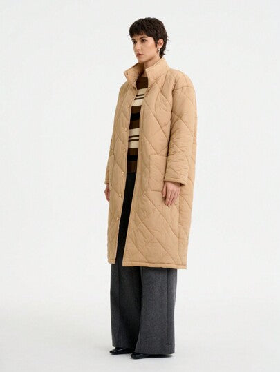 SHEIN LUNE معطف مبطن طويل الأكمام غير رسمي بياقة عالية ذو طول متوسط، بتصميم راقي مناسب للخريف والشتاء