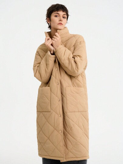 SHEIN LUNE معطف مبطن طويل الأكمام غير رسمي بياقة عالية ذو طول متوسط، بتصميم راقي مناسب للخريف والشتاء